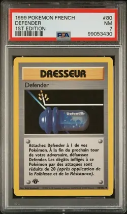 TCG 1999 Pokemon FRENCH Dresseur 1ST Edition Card DEFENDER # 80 Graded PSA 7 - Image 1