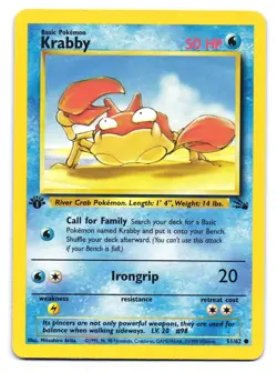 Krabby 51/62 Common Fossil Pokemon 1st Edition HP - Image 1