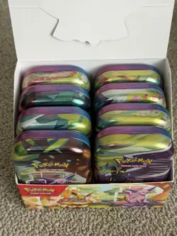 Pokemon TCG Prismatic Evolutions Mini Tin Display Box & 8 Tins, Coins, No Packs - Image 2