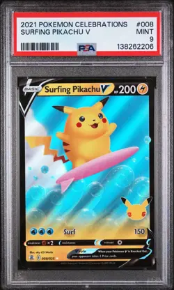 PSA 9 SURFING PIKACHU V CELEBRATIONS 008 POKEMON MJ - Image 1