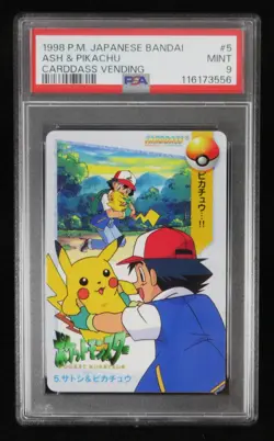 PSA 9 Pokemon Card Ash & Pikachu #5 Japanese Bandai Carddass Vending 1998 - Image 1