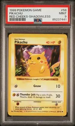1999 POKEMON GAME RED CHEEKS-SHADOWLESS #58 PIKACHU PSA 9 - Image 1