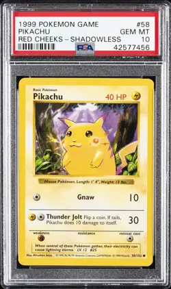 1999 POKEMON GAME RED CHEEKS-SHADOWLESS #58 PIKACHU PSA 10 - Image 1