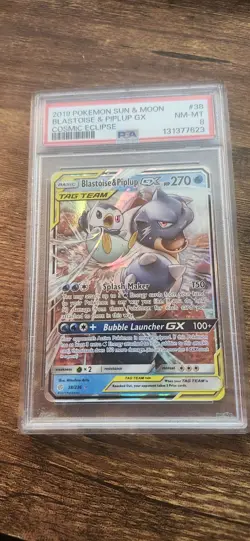 2019 Pokemon Sun & Moon Cosmic Eclipse #38 Blastoise & Piplup GX PSA 8 #38 - Image 1