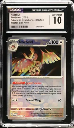 2025 Pokemon Prismatic Evolutions Noctowl Master Ball 078/131 CGC 10 - Image 1