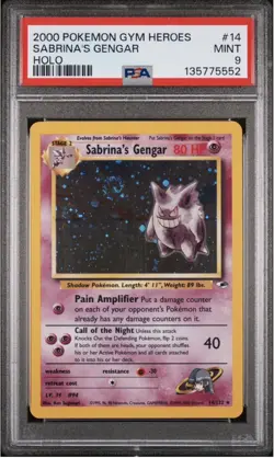 Pokemon Sabrina’s Gengar Gym Heroes Unlimited Holo Rare #14 PSA MINT 9 Swirl - Image 1