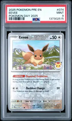 2025 POKEMON PRE EN-PRISMATIC EVOLUTIONS POKEMON DAY 2025 #074 EEVEE PSA 9 - Image 1
