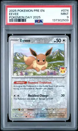 2025 POKEMON PRE EN-PRISMATIC EVOLUTIONS POKEMON DAY 2025 #074 EEVEE PSA 9 - Image 1