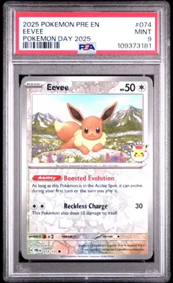 2025 POKEMON PRE EN-PRISMATIC EVOLUTIONS POKEMON DAY 2025 #074 EEVEE PSA 9 - Image 1