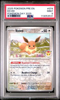 2025 POKEMON PRE EN-PRISMATIC EVOLUTIONS POKEMON DAY 2025 #074 EEVEE PSA 9 - Image 1