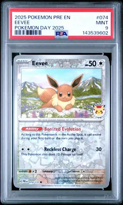 2025 POKEMON PRE EN-PRISMATIC EVOLUTIONS POKEMON DAY 2025 #074 EEVEE PSA 9 - Image 1