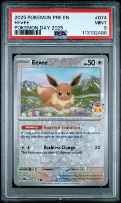 2025 POKEMON PRE EN-PRISMATIC EVOLUTIONS POKEMON DAY 2025 #074 EEVEE PSA 9 - Image 1