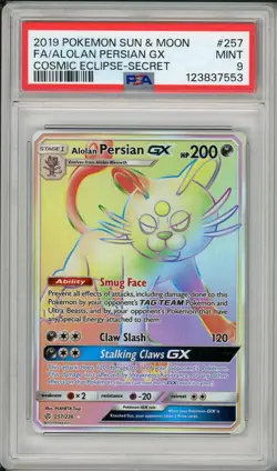 2019 Pokemon Sun & Moon Cosmic Eclipse Alolan Persian GX Full Art #257 PSA 9 - Image 1