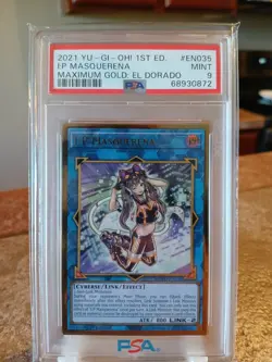 Yugioh TCG I:P Masquerena PSA 9 MGED-EN035 Gold Rare 1st Edition (Case Scuffing) - Image 1