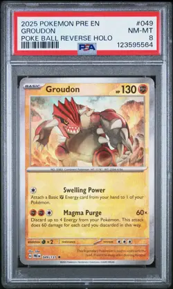 2025 POKEMON PRE EN-PRISMATIC EVOLUTIONS POKE BALL REVERSE HOLO GROUDON PSA 8 - Image 1