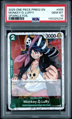 2025 ONE PIECE PRB02-PREMIUM BOOSTER SPARKLE FOIL #005 MONKEY D. LUFFY PSA 10 - Image 1