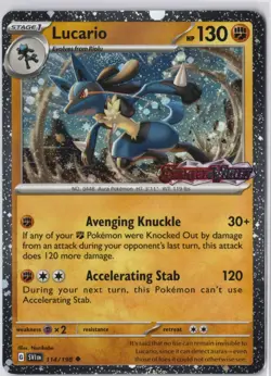 Lucario Scarlet & Violet STAMPED 114/198 Promo Cosmos Holo Pokemon Card NM - Image 1