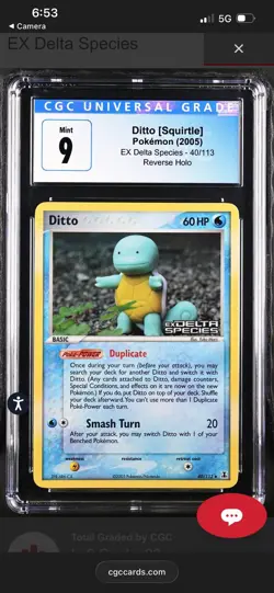 2005 Pokemon EX Delta Species Ditto Squirtle Reverse Holo 40/113 CGC 9 Clean - Image 3