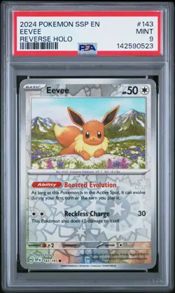 2024 POKEMON SSP EN-SURGING SPARKS REVERSE HOLO #143 EEVEE PSA 9 - Image 1