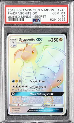 2019 POKEMON SUN & MOON UNIFIED MINDS SECRET #248 FULL ART/DRAGONITE GX PSA 10 - Image 1