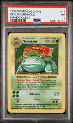 1999 POKEMON BASE SET SHADOWLESS #15 VENUSAUR-HOLO PSA 7 - Image 1