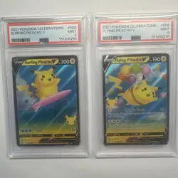 2021 POKEMON CELEBRATIONS #008 SURFING PIKACHU V PSA 9 + #006 Flying PSA 9 🔥🔥 - Image 1