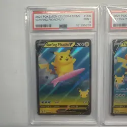 2021 POKEMON CELEBRATIONS #008 SURFING PIKACHU V PSA 9 + #006 Flying PSA 9 🔥🔥 - Image 2