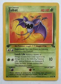 Zubat 1st Edition 57/62 Near Mint Pokemon TCG WoTC Fossil Set Vintage CLEAN - Image 1