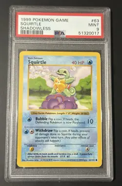 1999 Pokemon Game Squirtle Shadowless #63 PSA 9 - Image 1