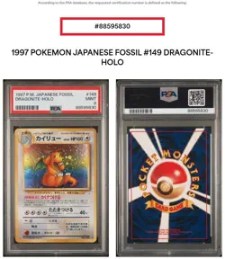 Dragonite PSA 9 Japanese Fossil 1997 #149 Pokemon - Image 4