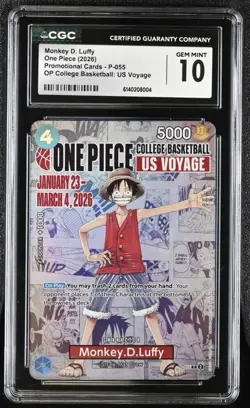 CGC GEM MINT 10 Monkey D. Luffy One Piece 2026 College Basketball Voyage #P-055 - Image 2