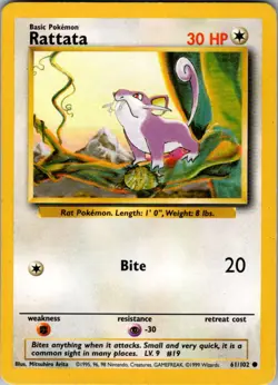 Rattata - Base Set - BS 061/102 - VINTAGE single MP to HP Pokemon Card - Image 1