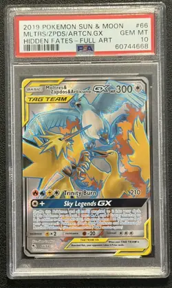 PSA 10 GEM MINT Pokemon Moltres Zapdos Articuno GX Hidden Fates Full Art 66/68 - Image 1