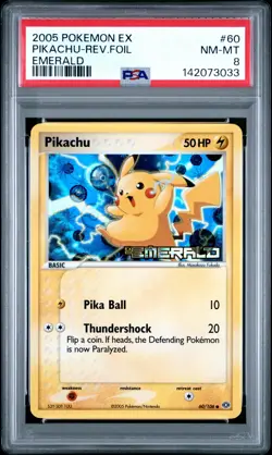 2005 POKEMON EX EMERALD #60 PIKACHU-REVERSE FOIL PSA 8 - Image 1