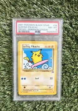 2001 POKEMON PROMO BLACK STAR POKEMON LEAGUE #28 SURFING PIKACHU PSA 8 - Image 1