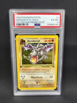 1999 POKEMON FOSSIL #1 AERODACTYL-HOLO 1ST EDITION-PRERELEASE PSA 6 - Image 1