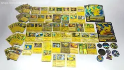 Huge Lot of 110 Pikachu Pokemon TCG Trading Cards, Coins, & Enamel Pins - Image 1