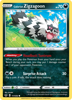 Pokemon Sword & Shield Reverse Holo Galarian Zigzagoon 117/202 C NM - Image 2