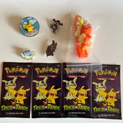Pokemon Charmander Keychain, 4 Pins & 4 Sealed Trick Or Treat Card Pack Lot - Image 1