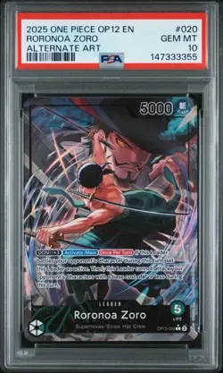 2025 One Piece OP12 En Roronoa Zoro Alternate Art #020 PSA 10 Gem Mint - Image 1
