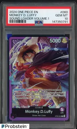 2024 One Piece En #060 Monkey D. Luffy Sound Loader Volume 1 PSA 10 GEM MINT - Image 1