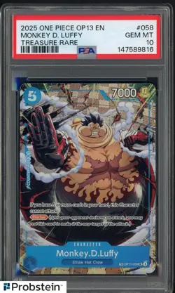 2025 One Piece OP13 En #058 Monkey D. Luffy Treasure Rare PSA 10 GEM MINT - Image 1