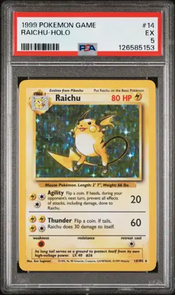 1999 POKEMON BASE SET UNLIMITED #14 RAICHU-HOLO PSA 5 - Image 1