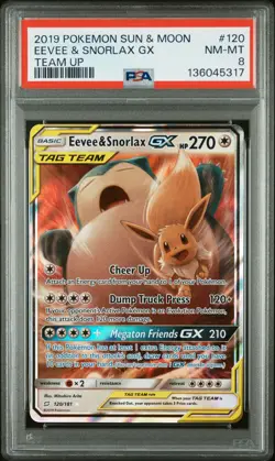 2019 POKEMON SUN & MOON TEAM UP #120 EEVEE & SNORLAX GX PSA 8 - Image 1