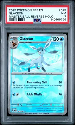 2025 POKEMON PRE EN-PRISMATIC EVOLUTIONS MASTER BALL REVERSE HOLO GLACEON PSA 7 - Image 1