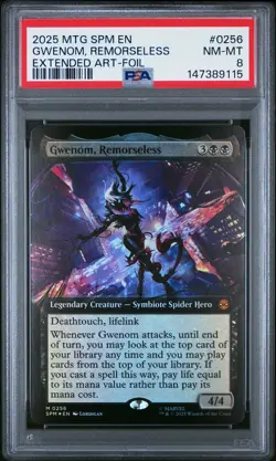 2025 MTG MARVEL'S SPIDER-MAN EXTENDED ART-FOIL #0256 GWENOM REMORSELESS PSA 8 - Image 1