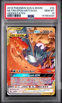 2019 POKEMON SUN & MOON HIDDEN FATES #44 MOLTRES & ZAPDOS & ARTICUNO GX PSA 10 - Image 1