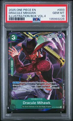 2025 ONE PIECE PROMOS ILLUSTRATION BOX VOL.4 #003 DRACULE MIHAWK PSA 10 - Image 1