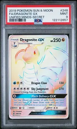 2019 Pokemon SM Unified Minds Dragonite GX Rainbow Secret #248/236 PSA 9 - Image 1