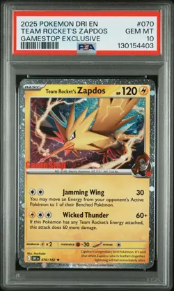 2025 POKEMON DESTINED RIVALS GAMESTOP EXCLUSIVE #070 TEAM ROCKET'S ZAPDOS PSA 10 - Image 1